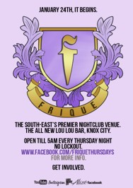 Frique
The South East's Premier Nightclub Venue.
The All New Lou Lou Bar, Knox City.
Open 'til 5am every Thursday Night
No Lockout
Get involved