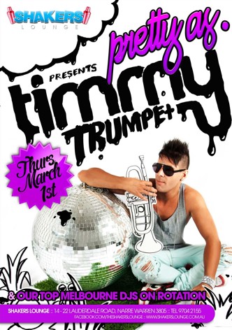 

Shakers
Lounge

pretty as.
presents
timmy
trumpet

Thurs March 1st

& our top Melbourne DJs on rotation

Shakers Lounge : 14-22 Lauderdale Road, Narre Warren 3805 - Tel 9704 2155

www.facebook.com/theshakerslounge - www.shakerslounge.com.au
