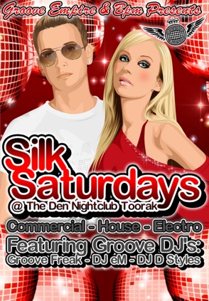 Groove Empire & Bpm Presents

Silk
Saturdays
@ The Den Nightclub Toorak

Commercial - House - Electro

Featuring Groove DJs:
Groove Freak - DJ eM - DJ D Styles